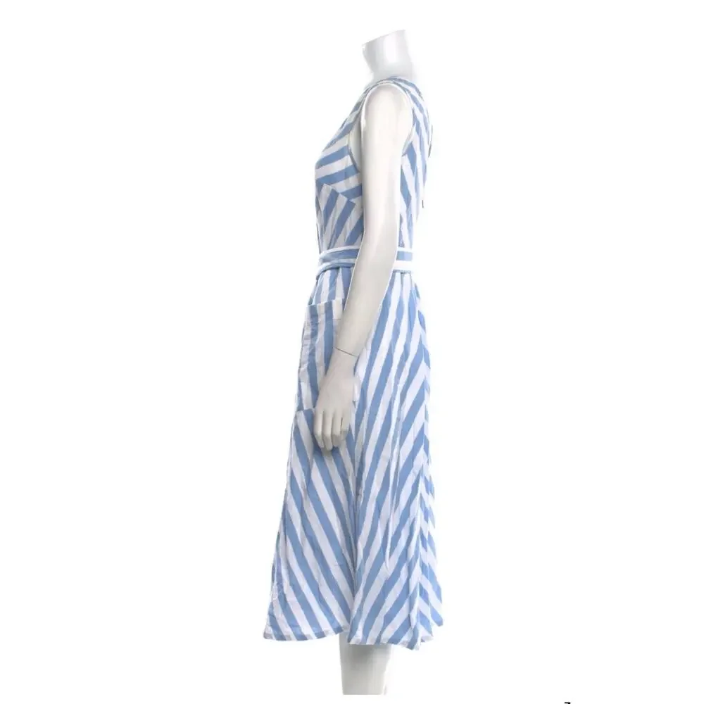 Kate Spade Deck Blue White Stripe Linen Blend V Neck Midi Dress Blue SIZE 8